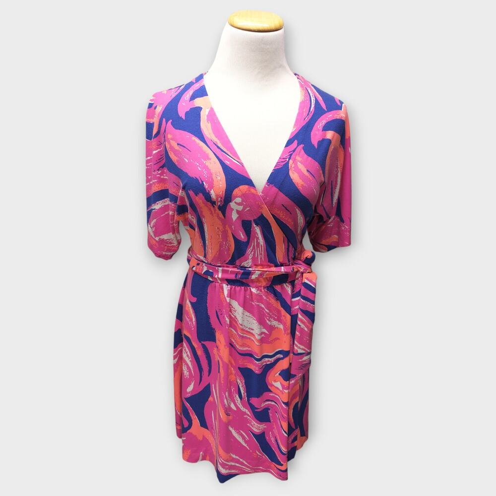 Womens Lilly Pulitzer Blue/Orange/Pink Short Sleeve Wrap Dress Size XS - Picture 2 of 7